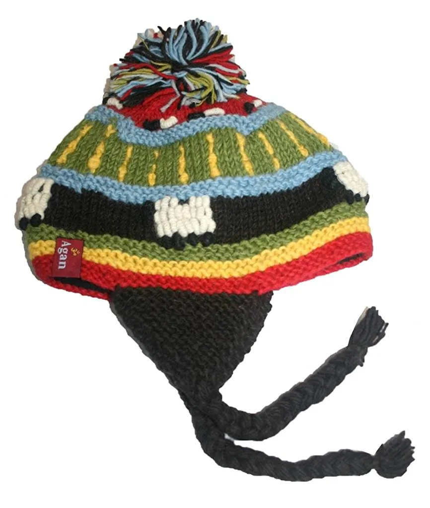1409 H Wool Knit Multi-colored Beanie Fleece Lined Pom Earflap Hat From Himalaya