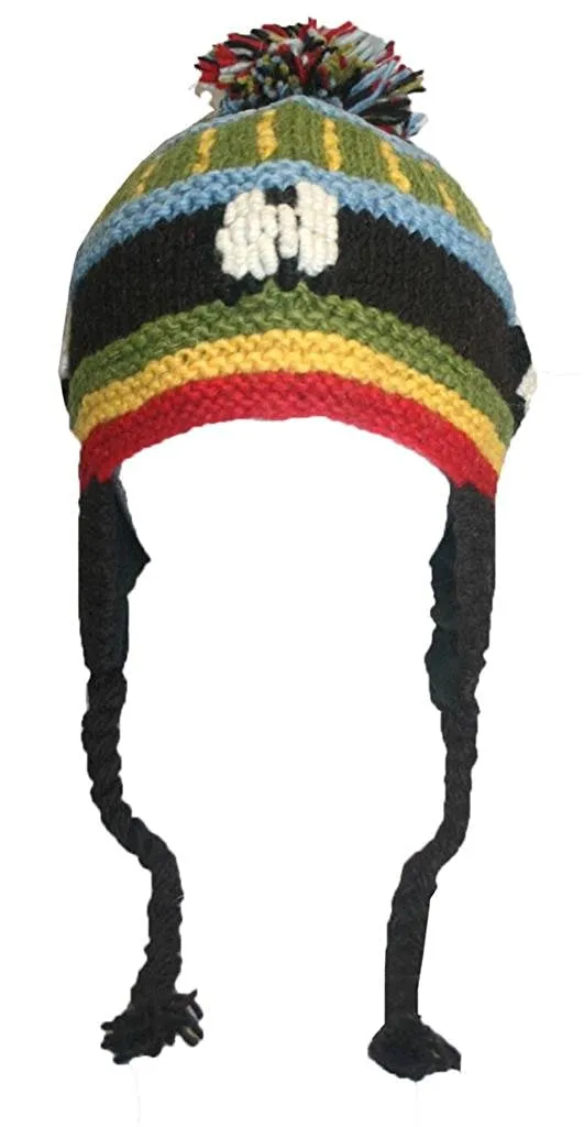 1409 H Wool Knit Multi-colored Beanie Fleece Lined Pom Earflap Hat From Himalaya