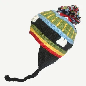 1409 H Wool Knit Multi-colored Beanie Fleece Lined Pom Earflap Hat From Himalaya