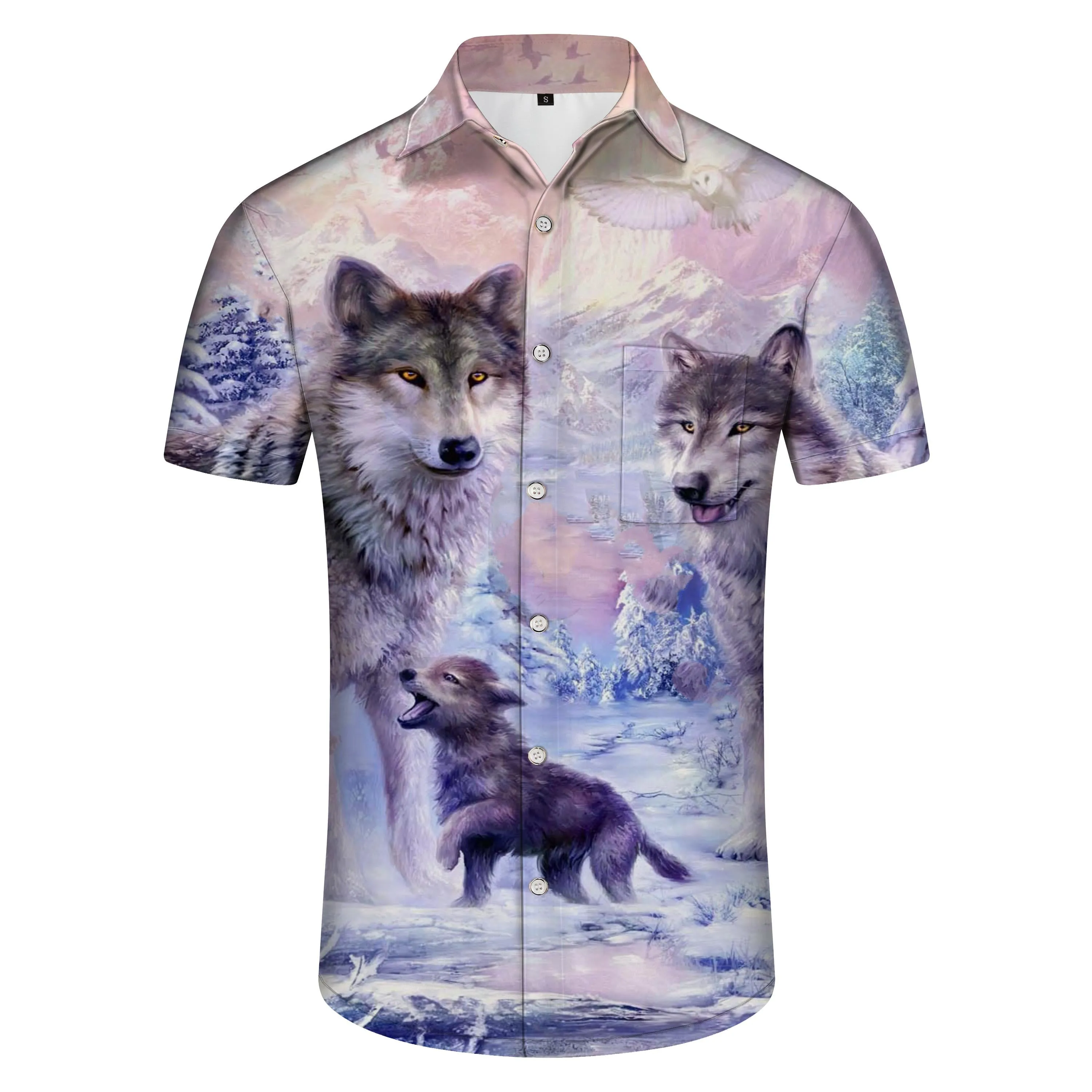 Animal Snow Wolf Pattern Print Men's Outdoor Four Seasons Hawaiian Button Beach Vacation Shirt Short Sleeve Weekend Leisure