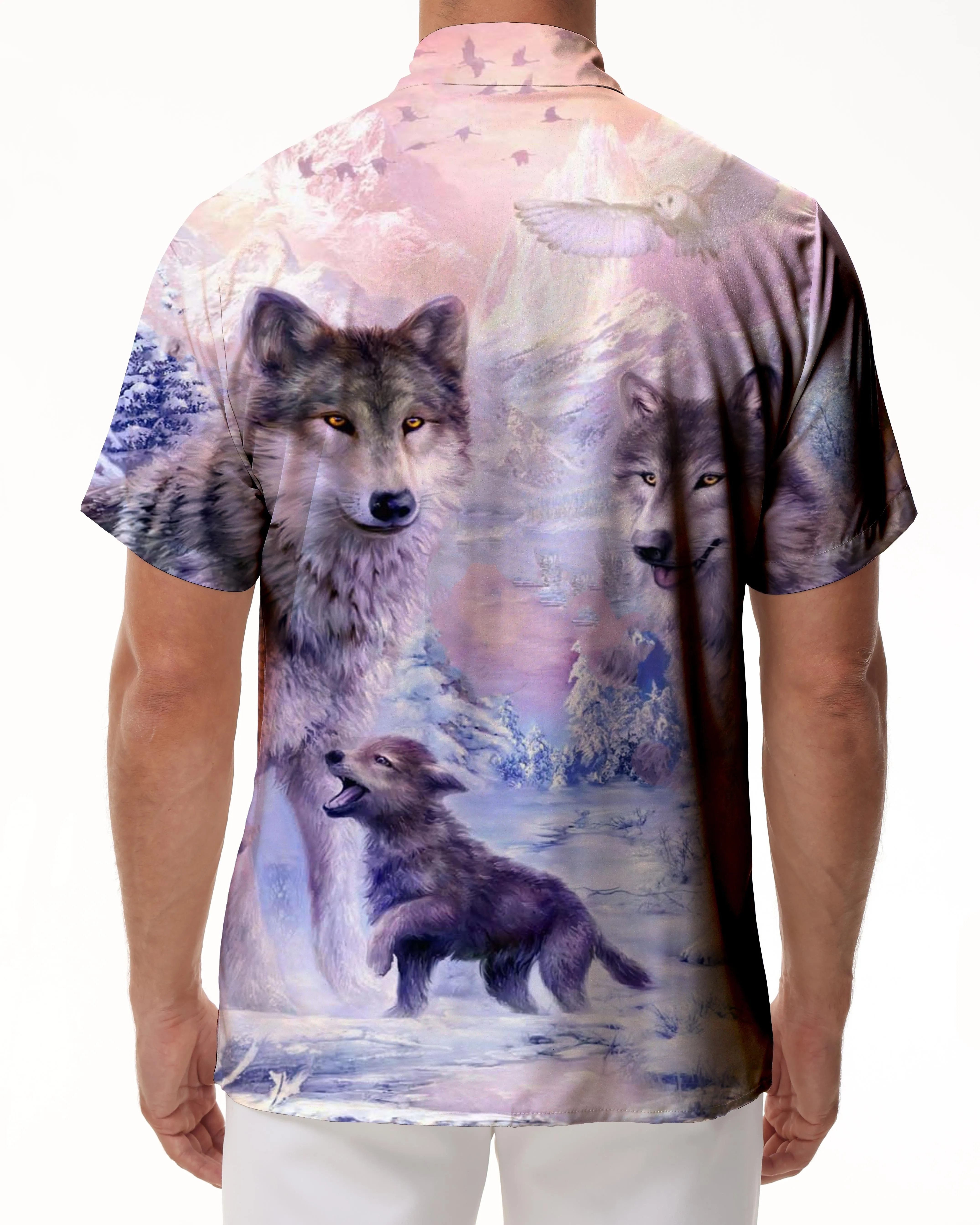 Animal Snow Wolf Pattern Print Men's Outdoor Four Seasons Hawaiian Button Beach Vacation Shirt Short Sleeve Weekend Leisure