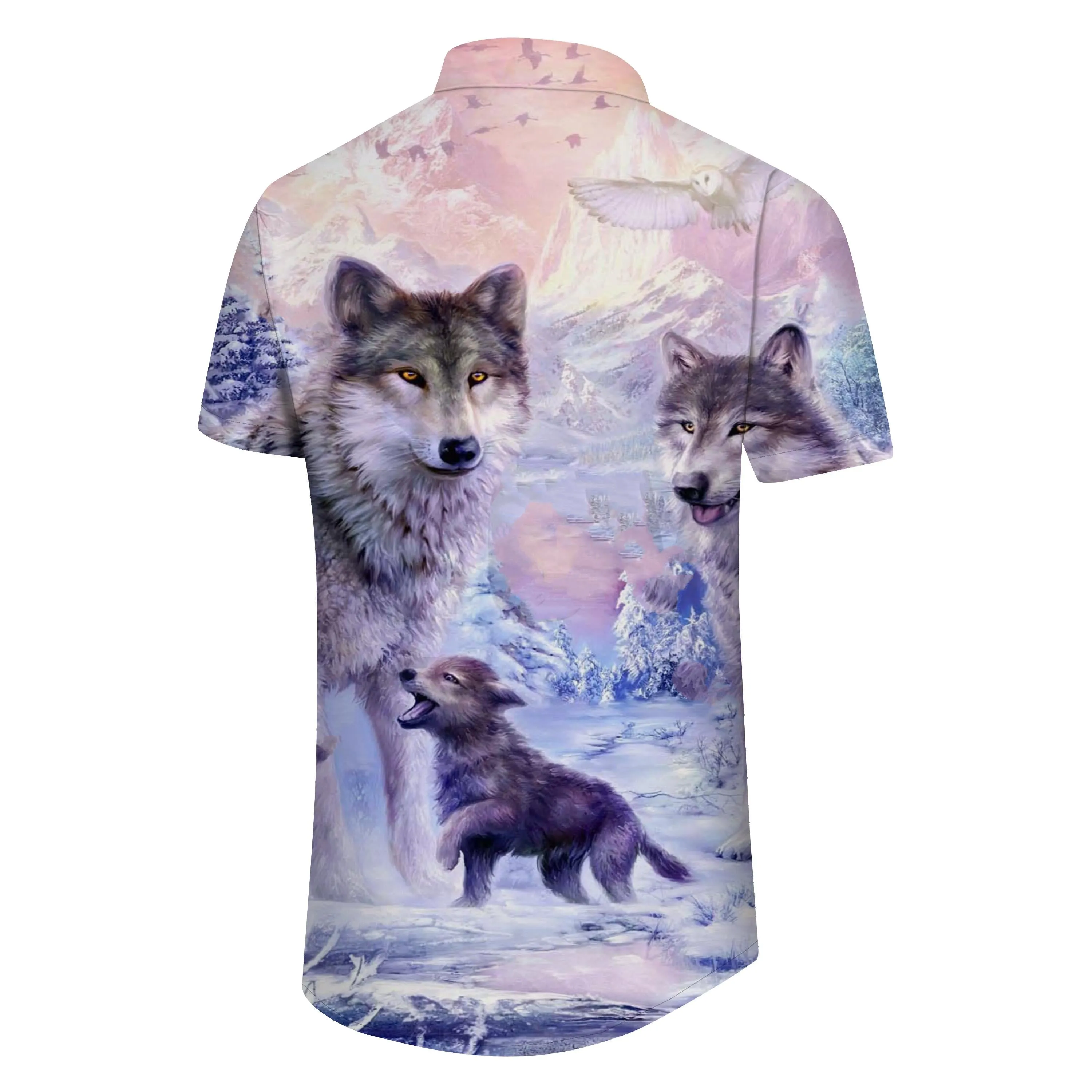 Animal Snow Wolf Pattern Print Men's Outdoor Four Seasons Hawaiian Button Beach Vacation Shirt Short Sleeve Weekend Leisure