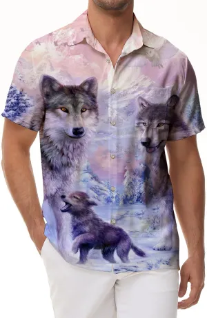 Animal Snow Wolf Pattern Print Men's Outdoor Four Seasons Hawaiian Button Beach Vacation Shirt Short Sleeve Weekend Leisure
