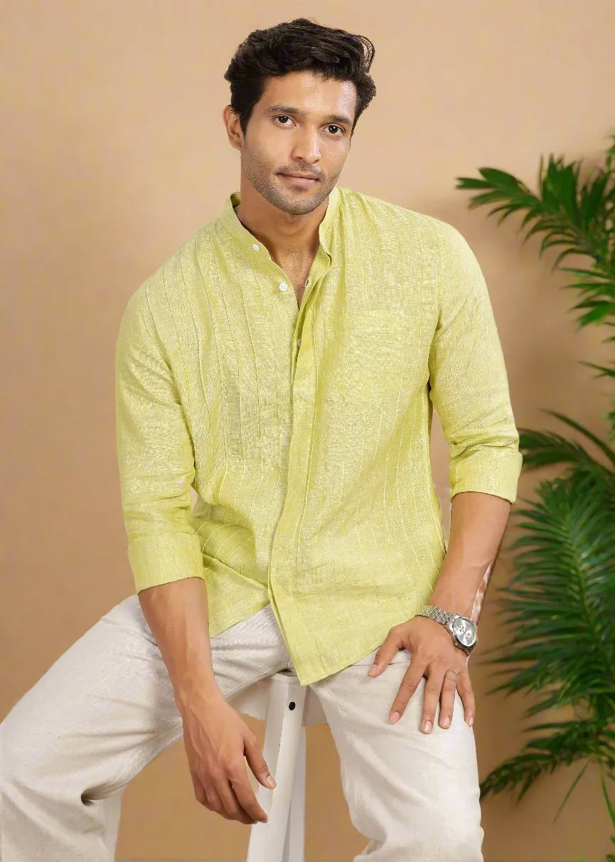 Arlo - Pure Linen Full Sleeve Shirt with Band Collar and Pin Tucks - Lime Green Chambray