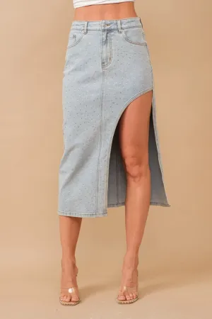 Asymmetrical Cut Out Studded Mid Rise Denim Skirt