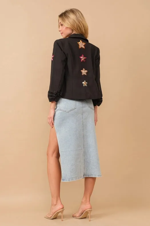 Asymmetrical Cut Out Studded Mid Rise Denim Skirt