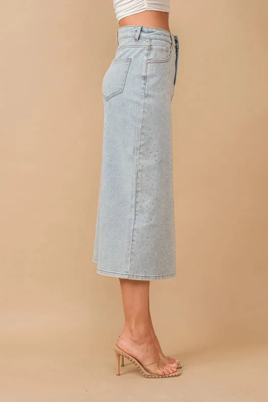 Asymmetrical Cut Out Studded Mid Rise Denim Skirt