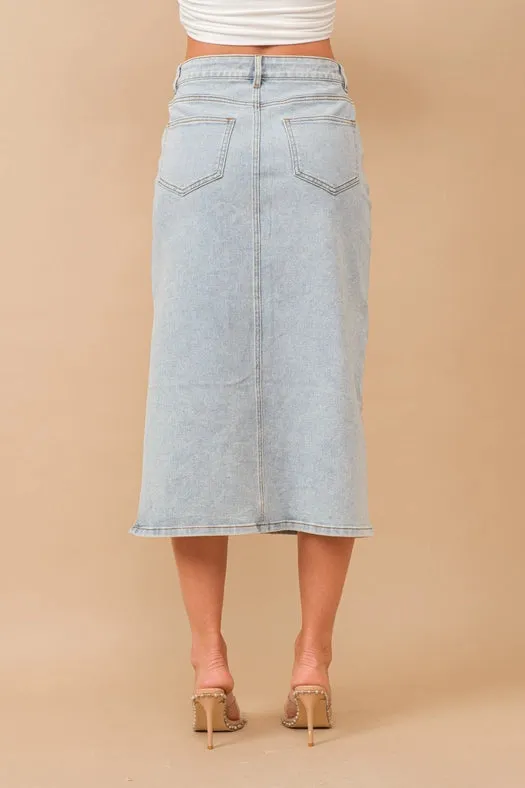 Asymmetrical Cut Out Studded Mid Rise Denim Skirt