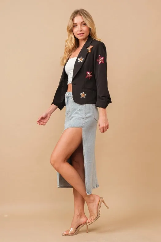 Asymmetrical Cut Out Studded Mid Rise Denim Skirt