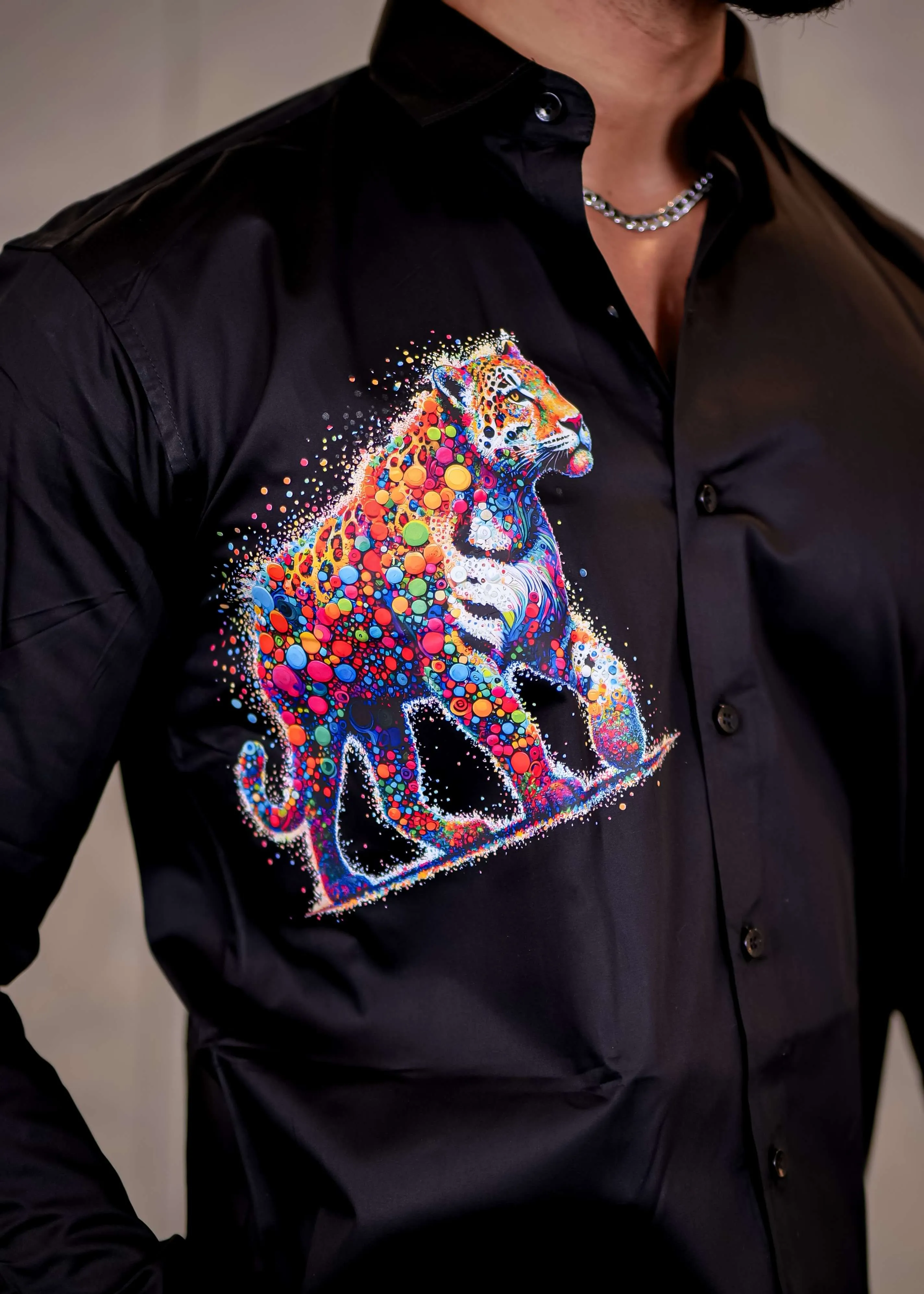 Black Club Wear Tiger Printed Satin Cotton Shirt