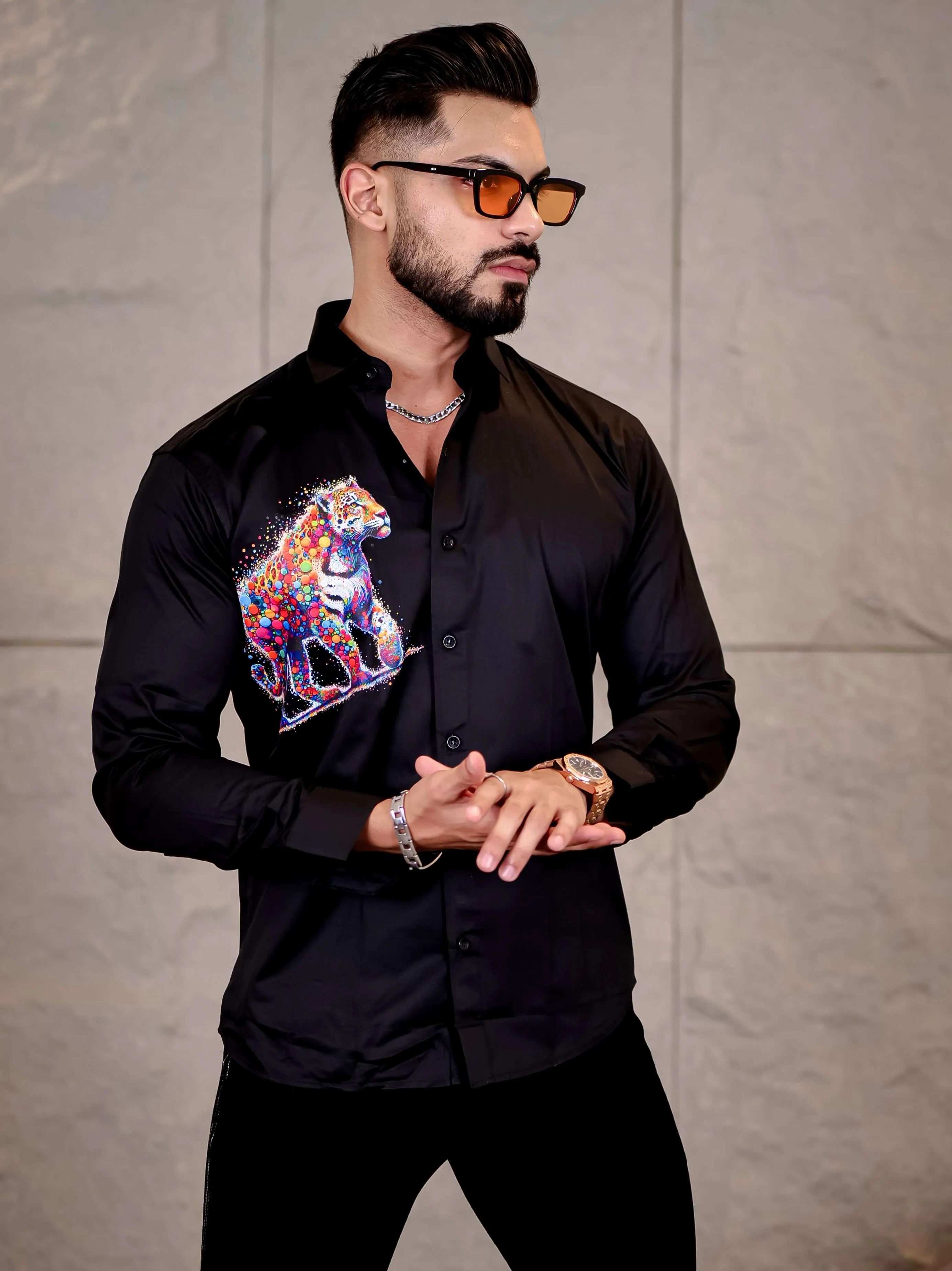 Black Club Wear Tiger Printed Satin Cotton Shirt
