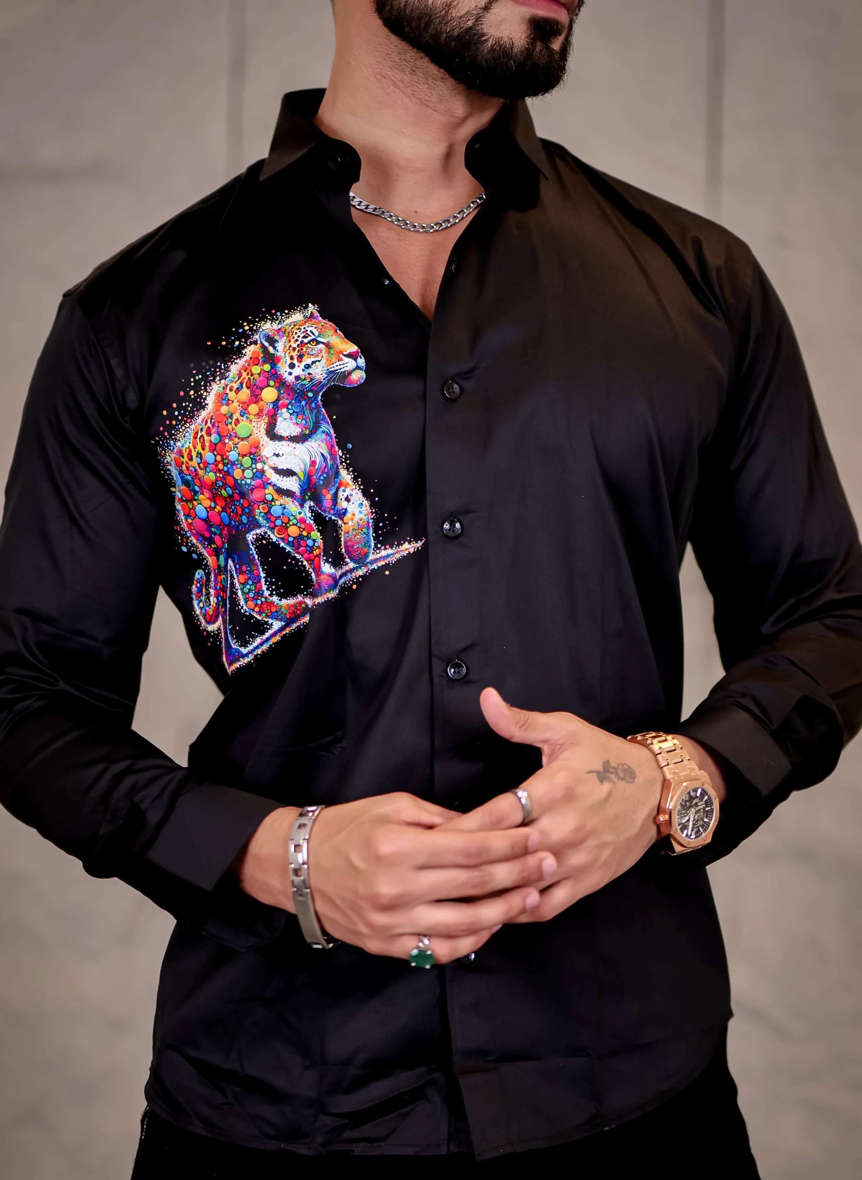 Black Club Wear Tiger Printed Satin Cotton Shirt