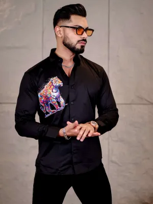 Black Club Wear Tiger Printed Satin Cotton Shirt