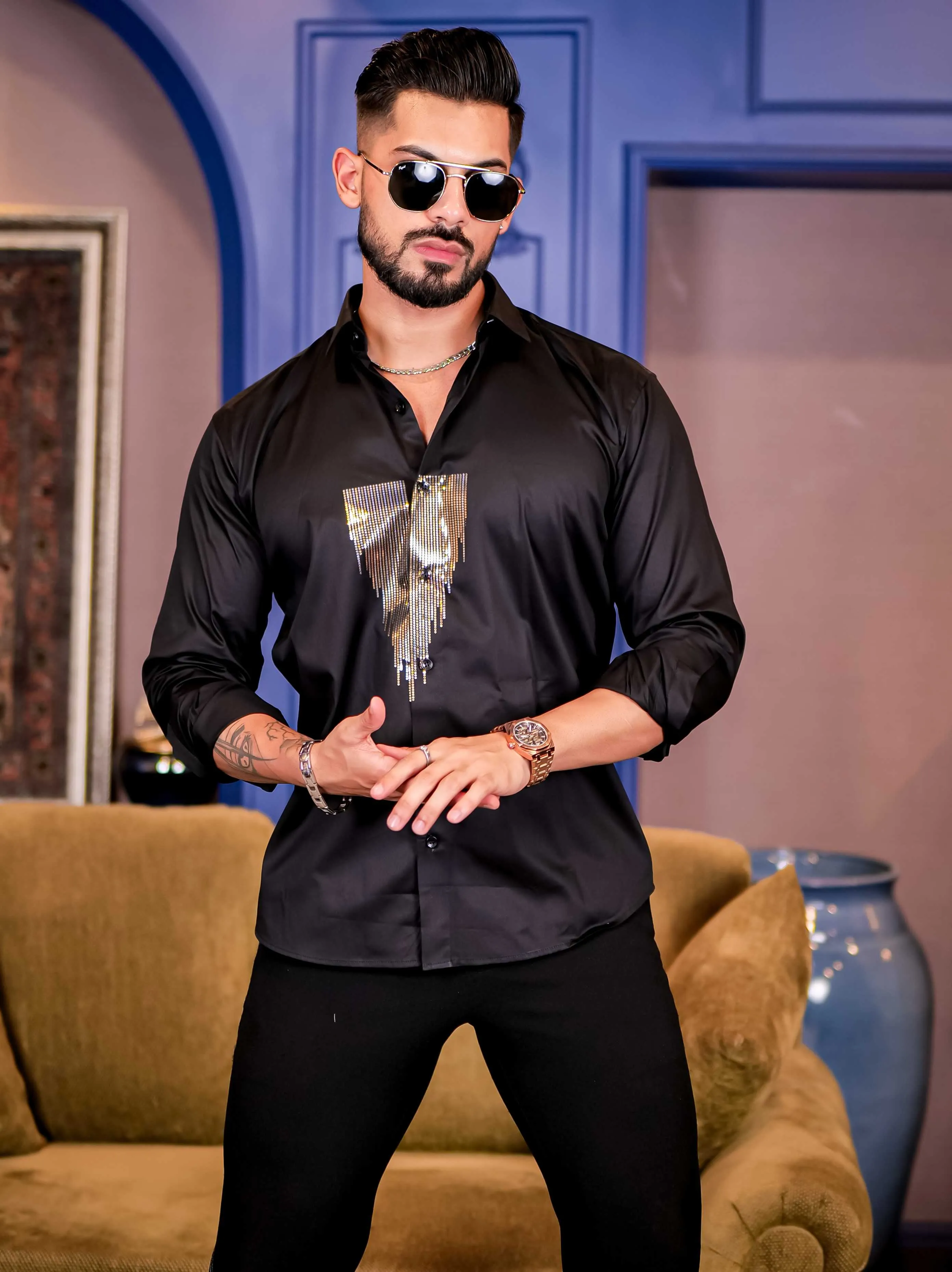 Black Sequence Club Wear Satin Cotton Party Shirt