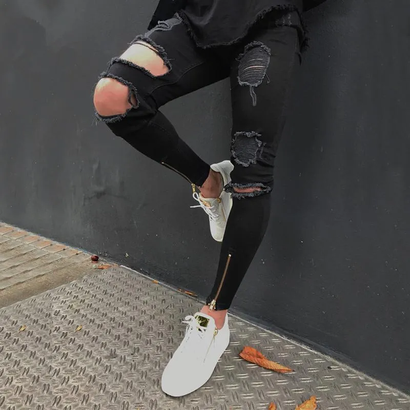 Black Skinny Ripped Ankle Zipper Jeans
