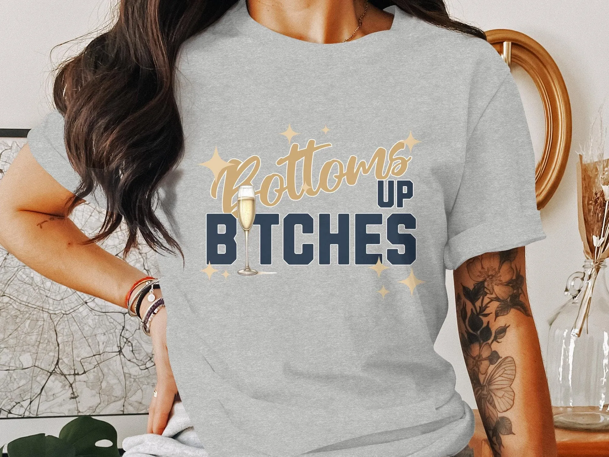 Bottoms Up Bitches Funny Party V-Neck, Champagne Celebration  T-Shirt, Girls Night Out Top, Vacation Group Tee, Bachelorette Party Tank Top