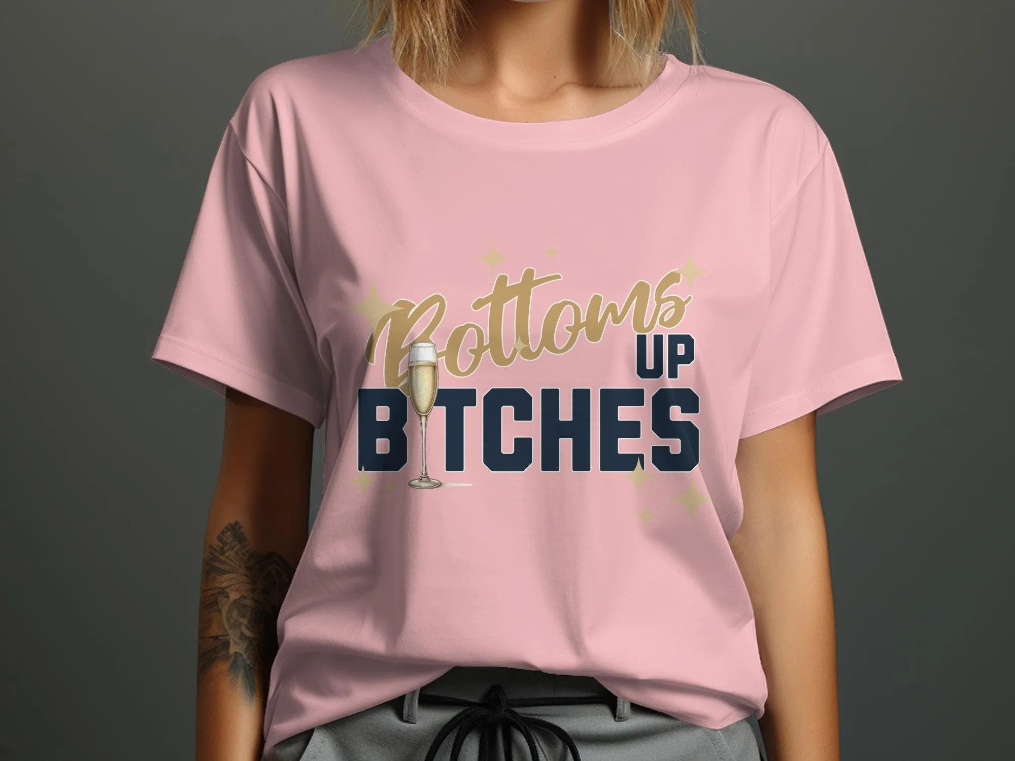 Bottoms Up Bitches Funny Party V-Neck, Champagne Celebration  T-Shirt, Girls Night Out Top, Vacation Group Tee, Bachelorette Party Tank Top