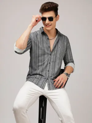 BULLMER Trendy Grey Regular Fit Striped Causal Full sleeve Shirt For Men.