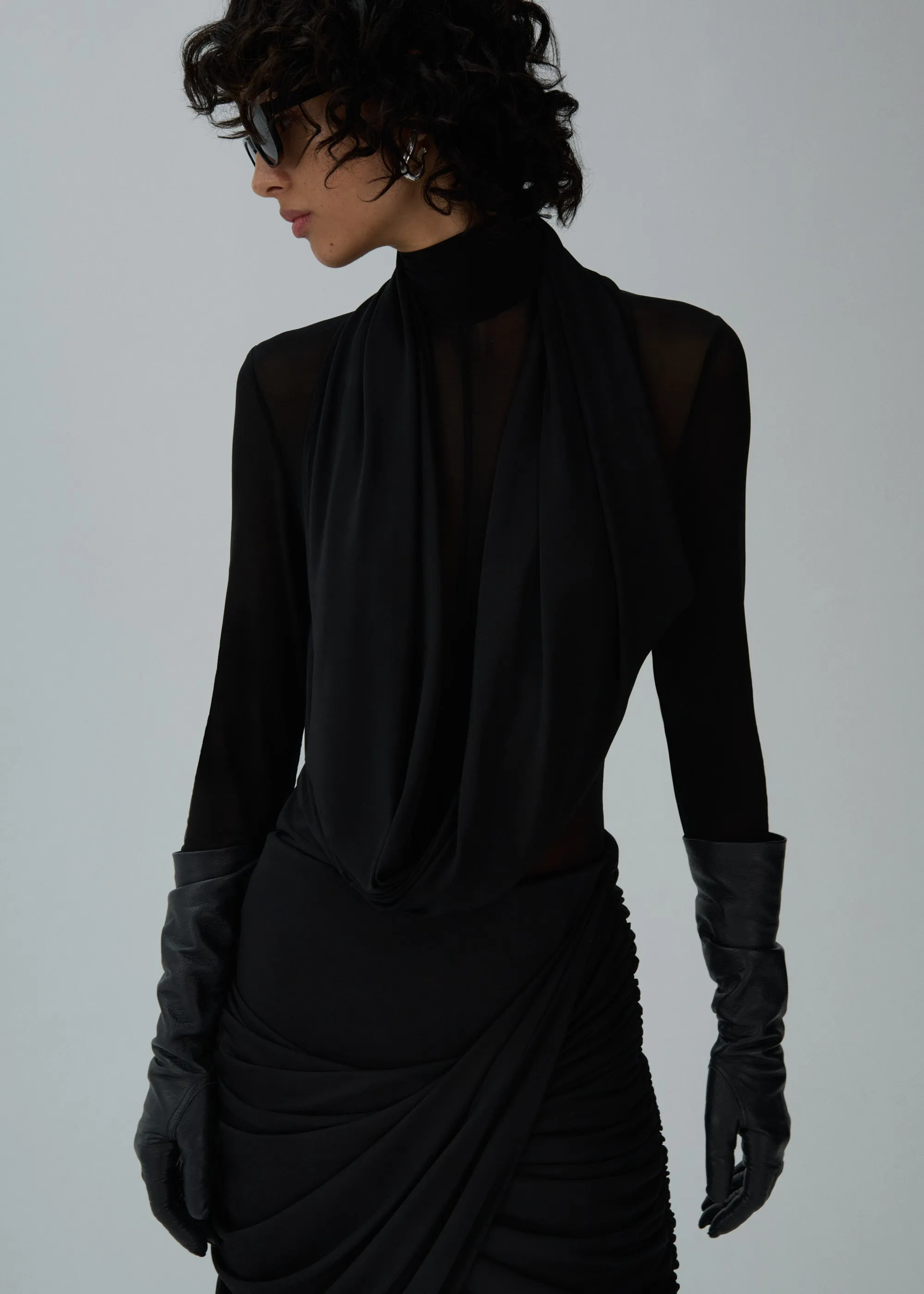 Cape-effect sheer bodysuit in black