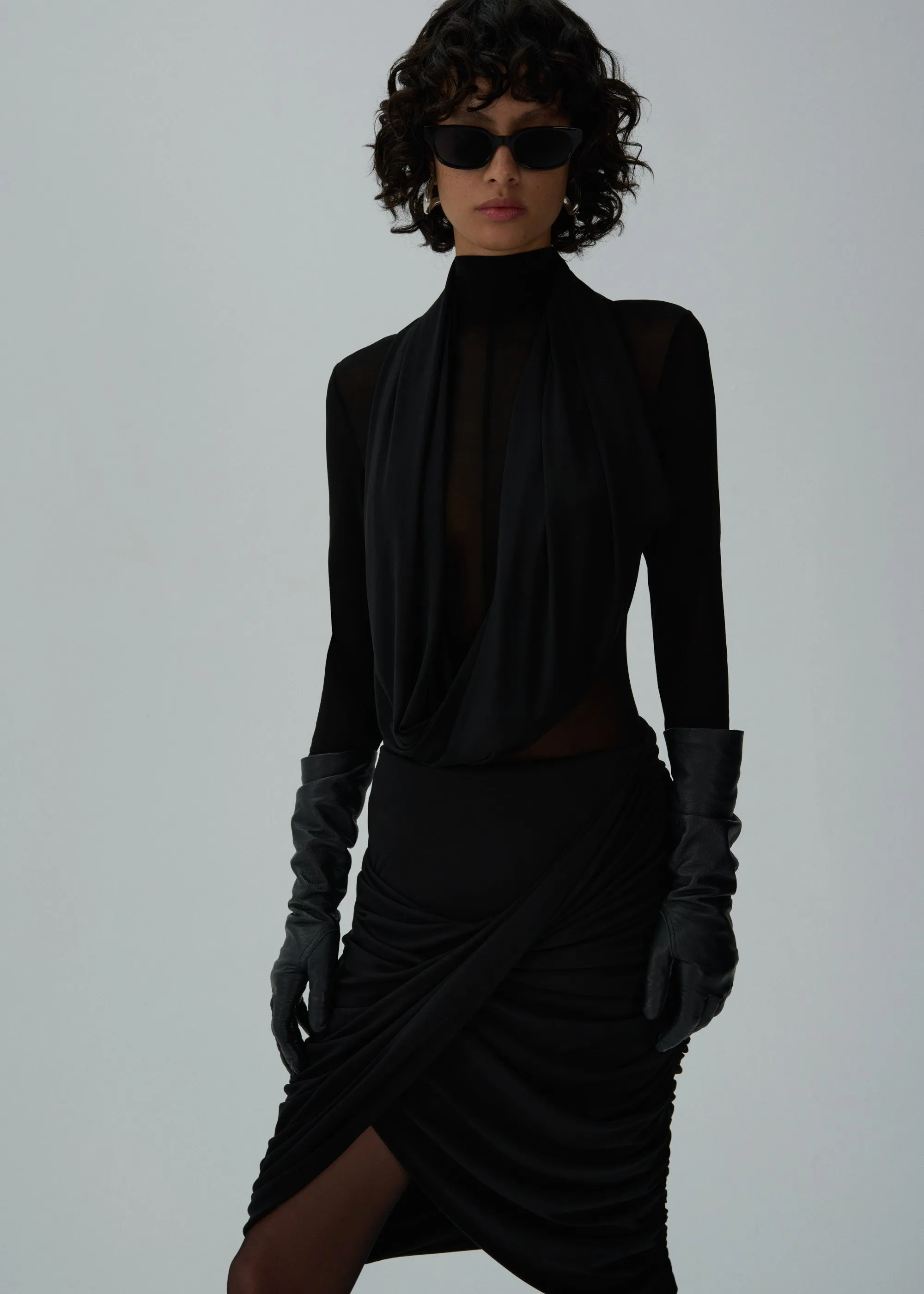 Cape-effect sheer bodysuit in black