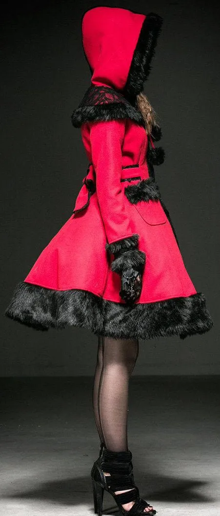 Contrast Fur-Trimmed Red Riding Hood Coat