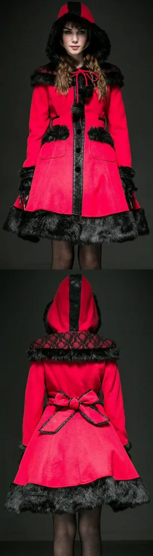 Contrast Fur-Trimmed Red Riding Hood Coat