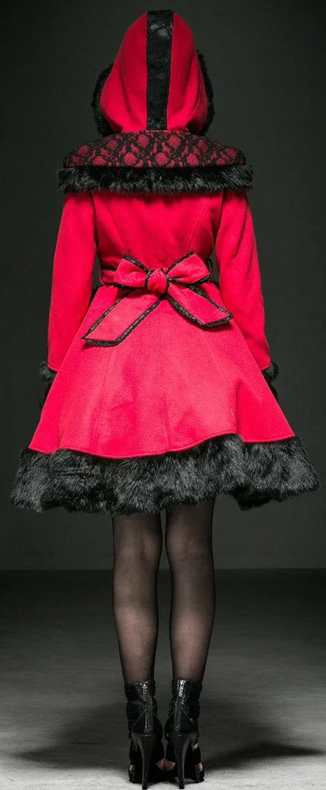 Contrast Fur-Trimmed Red Riding Hood Coat