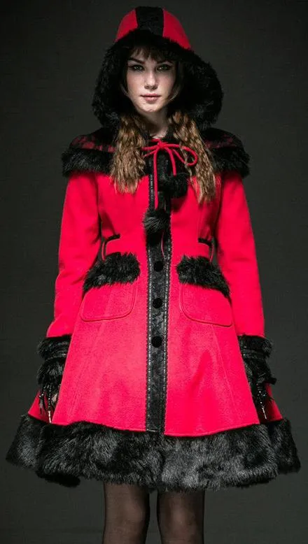 Contrast Fur-Trimmed Red Riding Hood Coat
