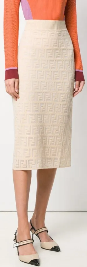 FF Motif Knitted Skirt, Beige