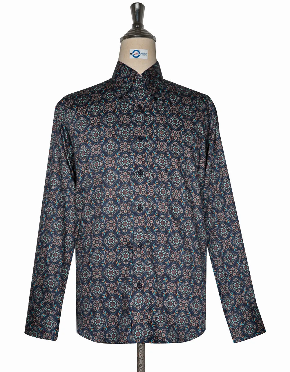 Floral Shirt - 60s  Style Navy Blue Floral Shirt