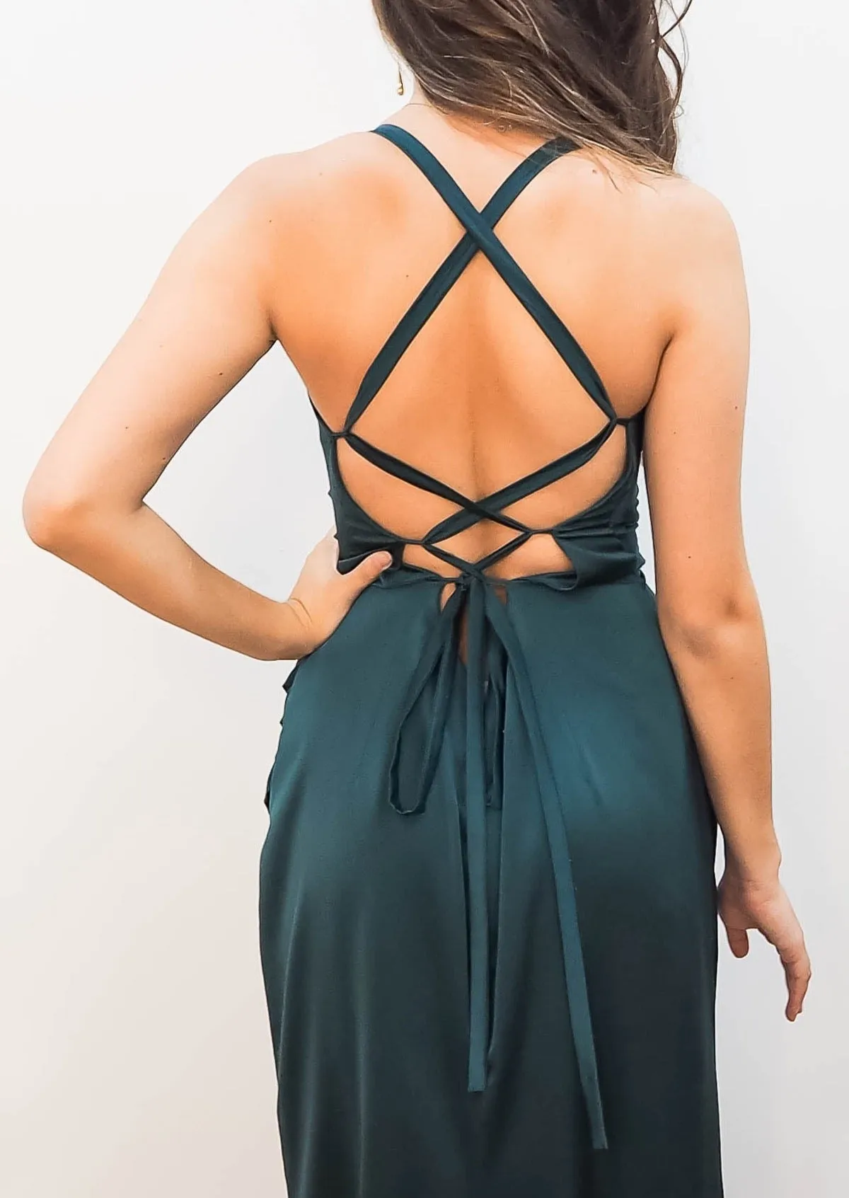 Forest green satin cowl neck with ruching mermaid dress for hire