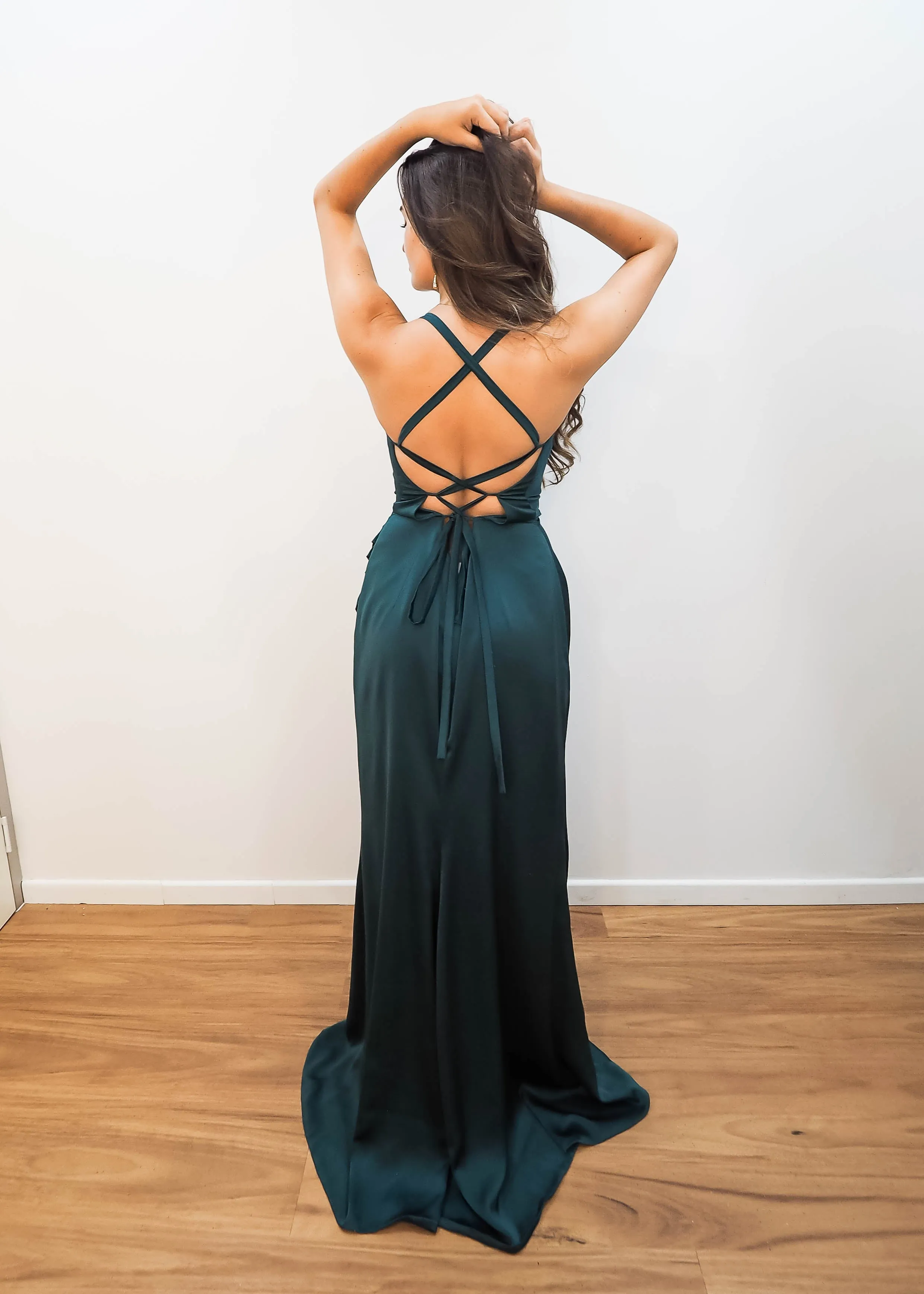 Forest green satin cowl neck with ruching mermaid dress for hire