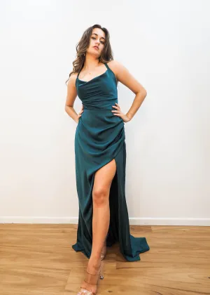 Forest green satin cowl neck with ruching mermaid dress for hire