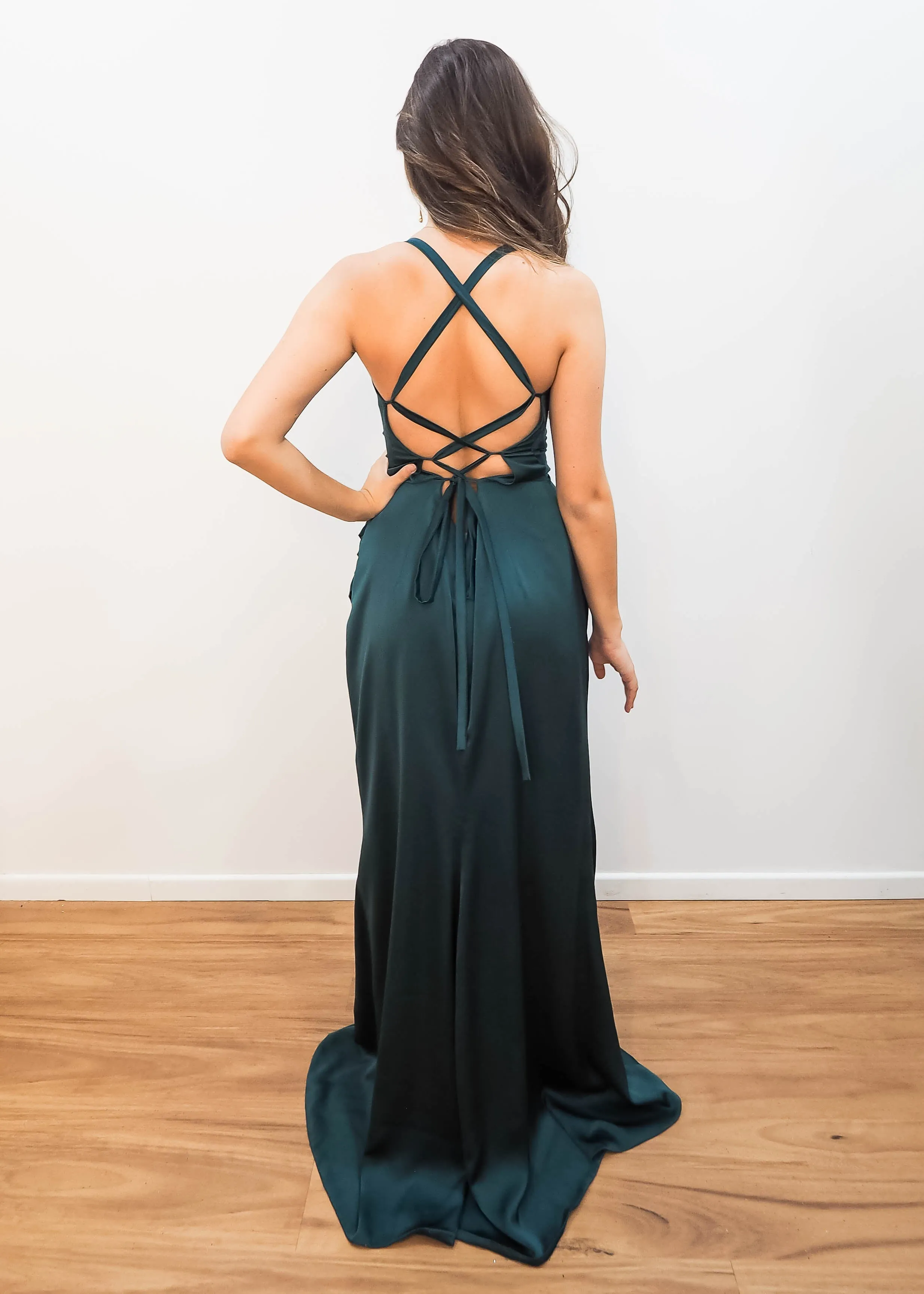 Forest green satin cowl neck with ruching mermaid dress for hire