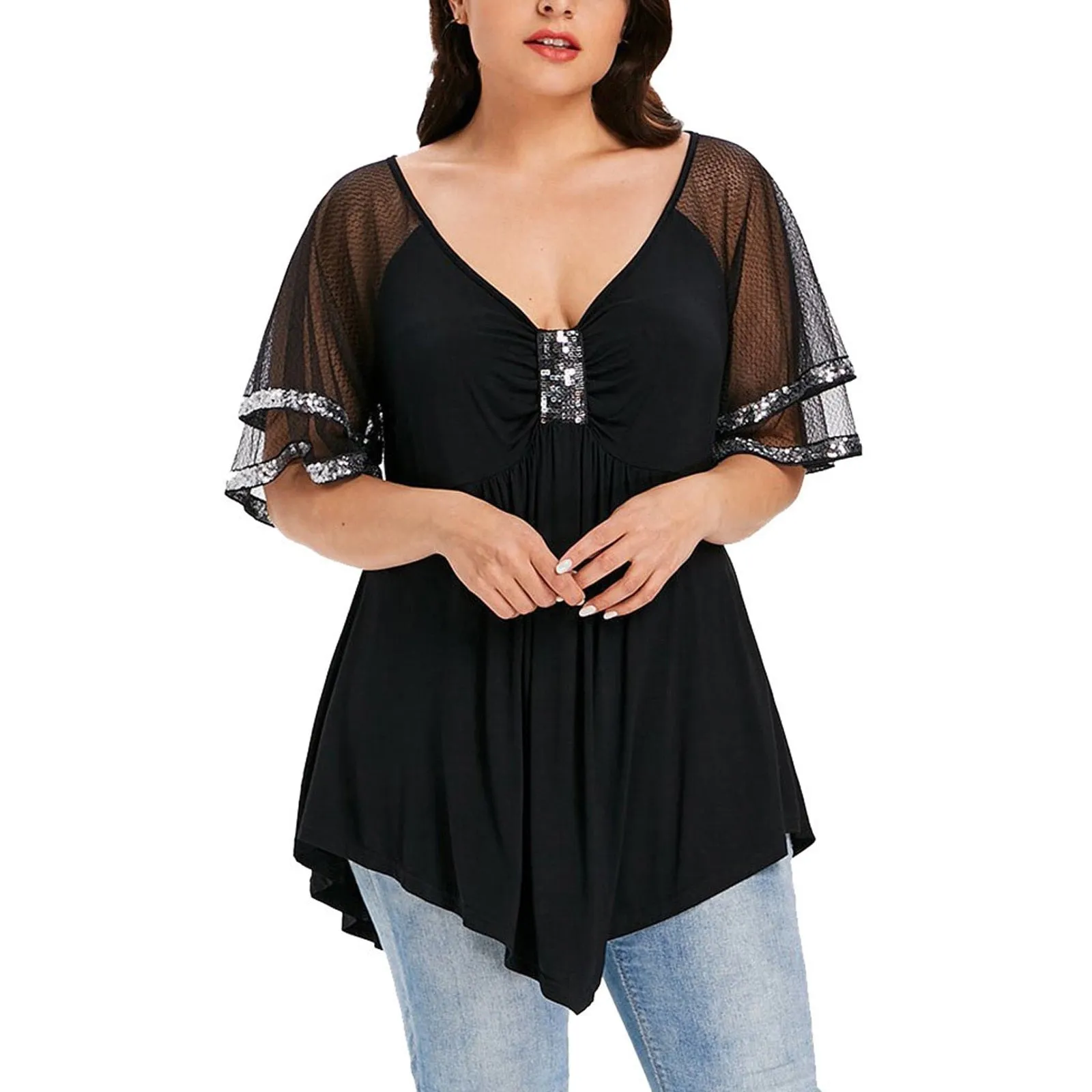 Funki Buys | Shirts | Women's Plus Size Ladies Sequinned Lace Top
