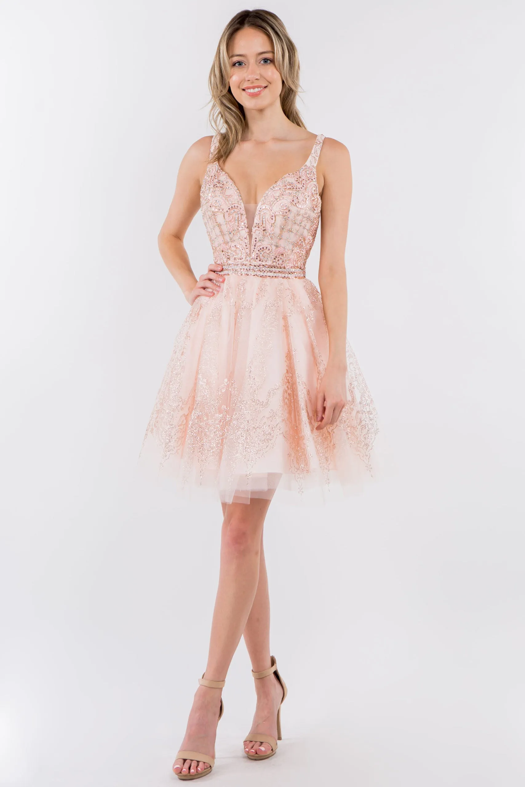 GL 1965 - Short A-Line Homecoming Dress with Beaded Lace Applique V-Neck Bodice & Glitter Print Tulle Skirt