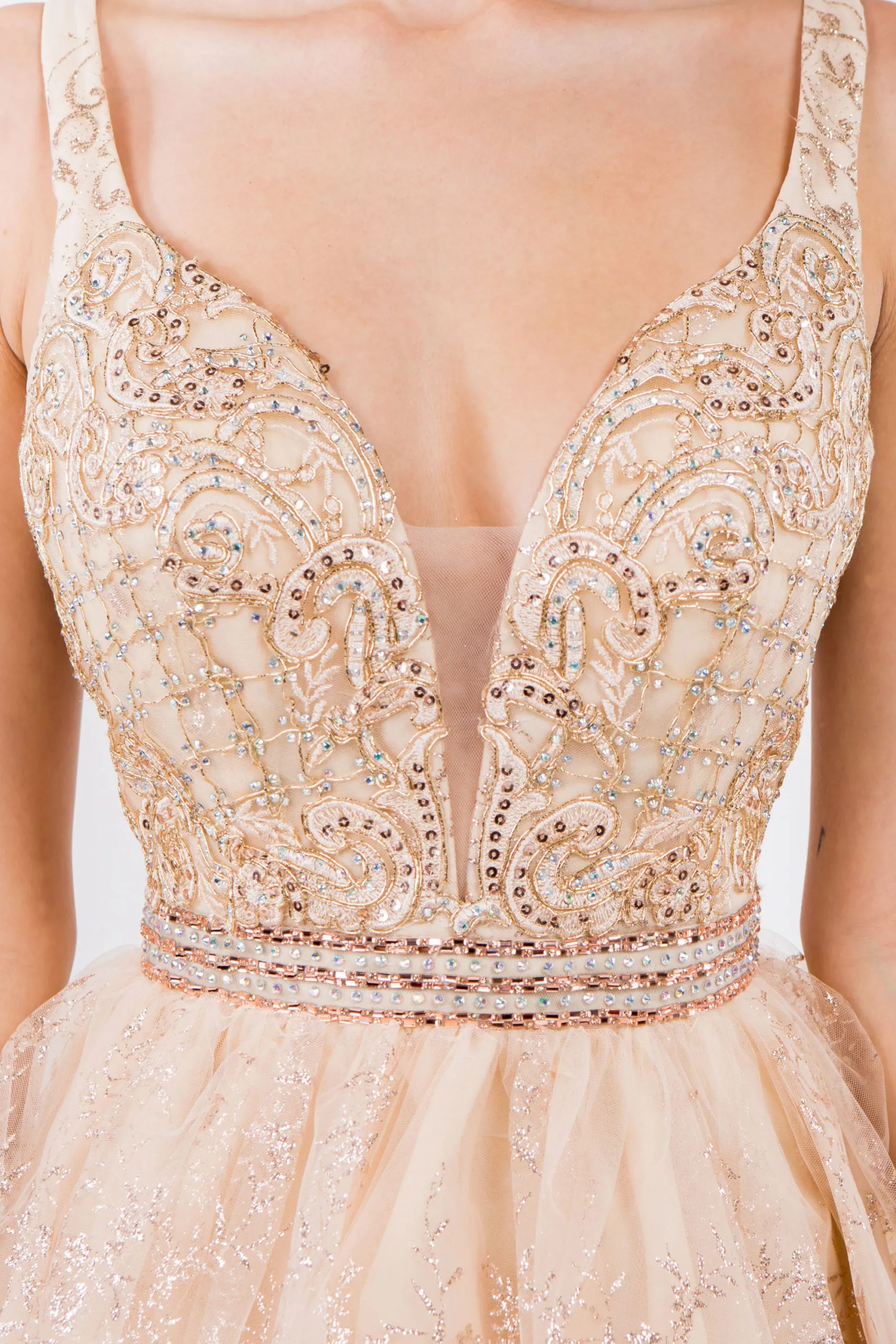 GL 1965 - Short A-Line Homecoming Dress with Beaded Lace Applique V-Neck Bodice & Glitter Print Tulle Skirt