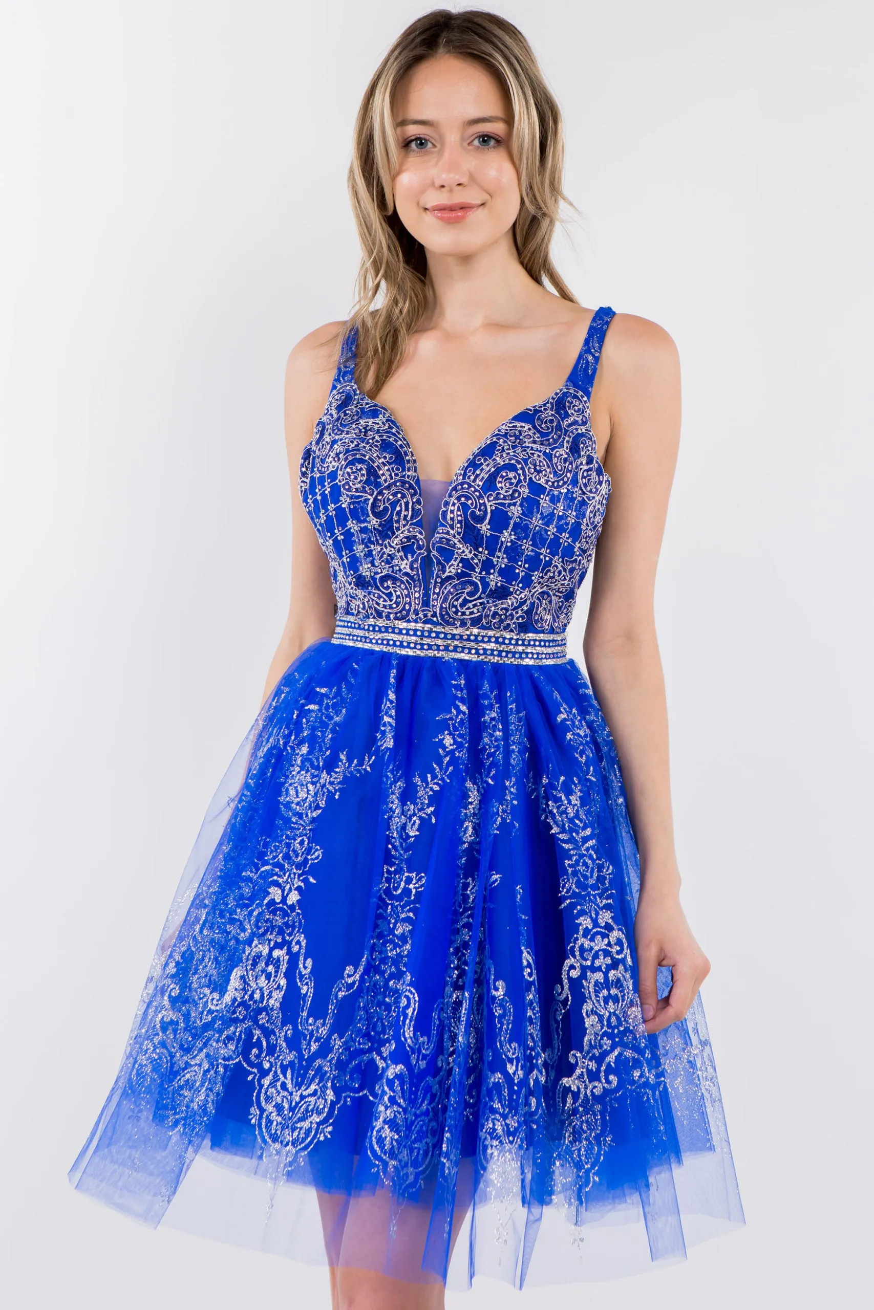 GL 1965 - Short A-Line Homecoming Dress with Beaded Lace Applique V-Neck Bodice & Glitter Print Tulle Skirt