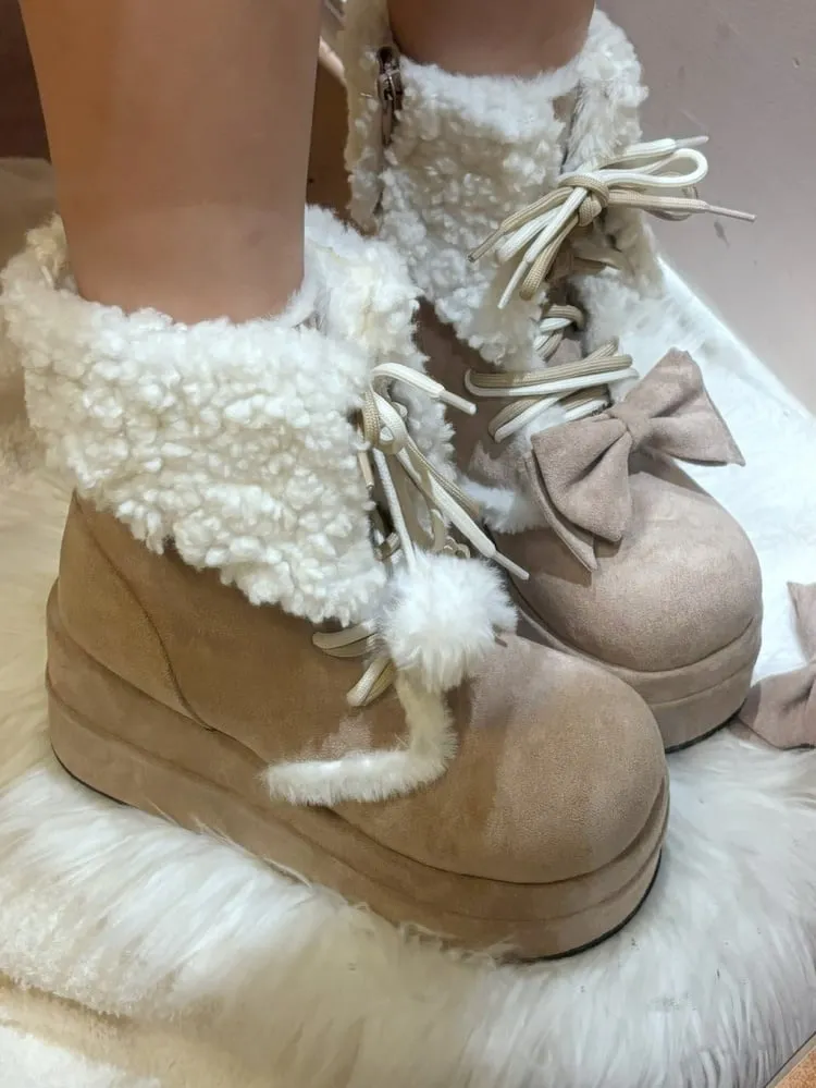 Khaki Bow Accent Fleece Lined Platform Winter Boots