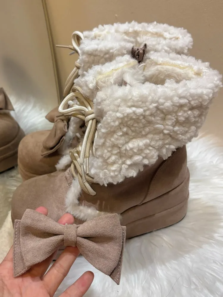 Khaki Bow Accent Fleece Lined Platform Winter Boots