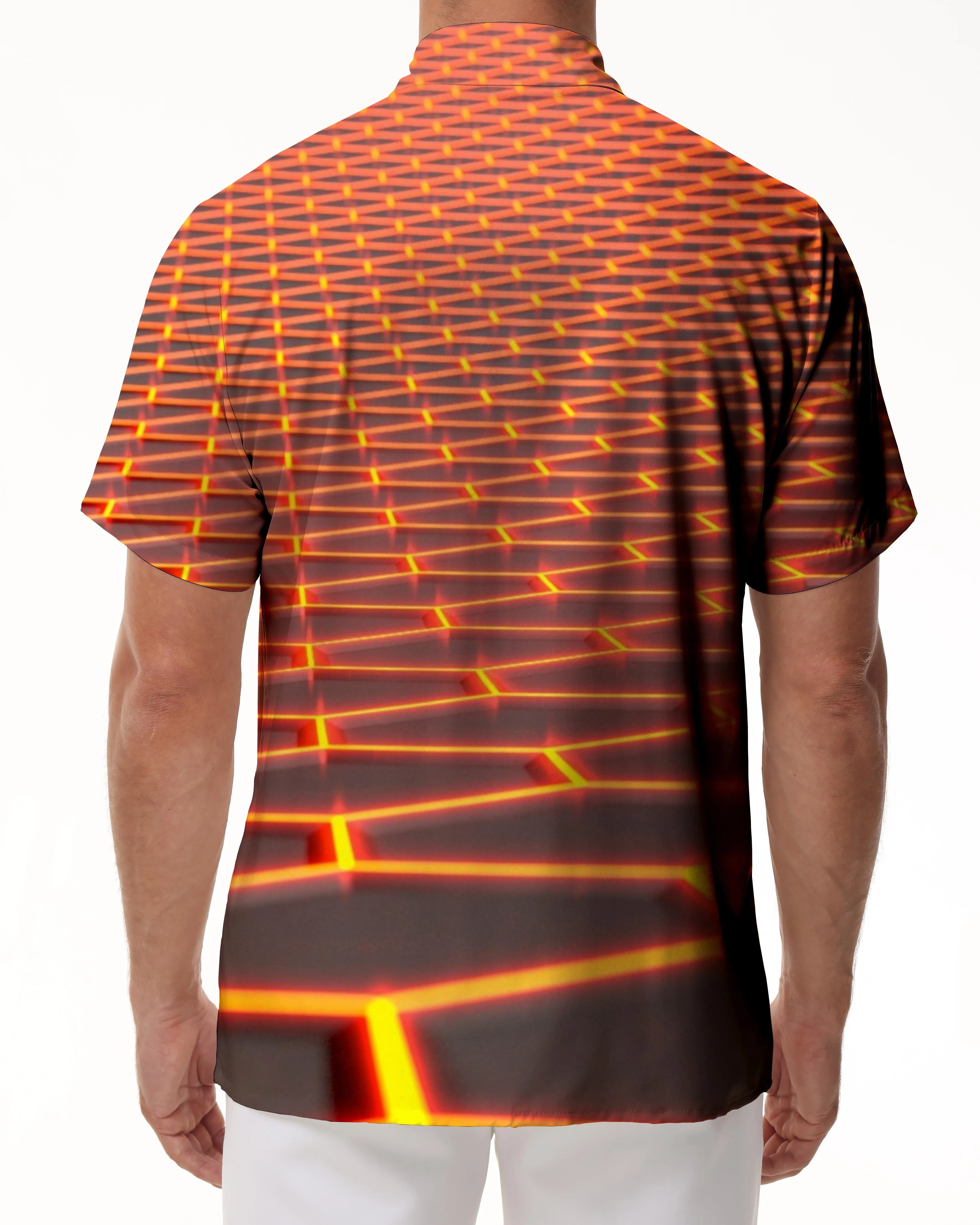 Laser Orange Geometric Tropical Casual Men's Printed Hawaiian Button Short Sleeve Beachwear Abstract Shirt