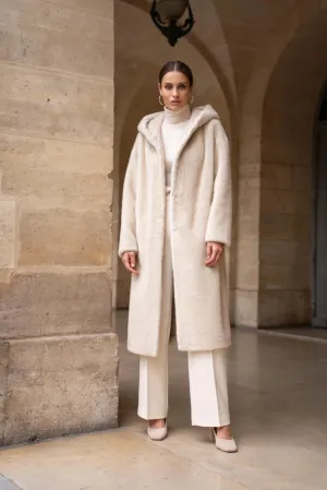 Long Hooded Synthetic Fur Coat Beige