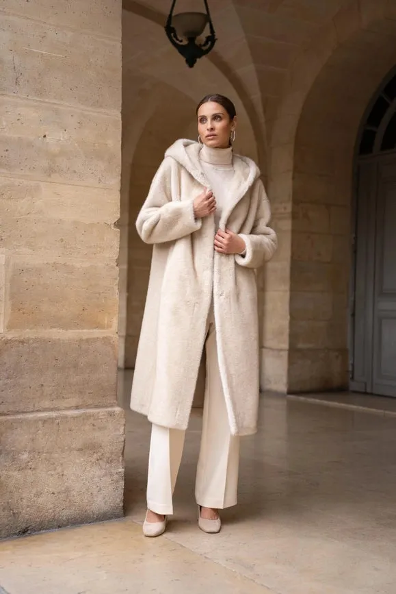 Long Hooded Synthetic Fur Coat Beige