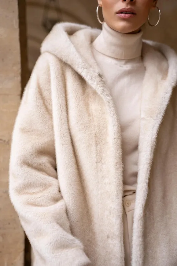 Long Hooded Synthetic Fur Coat Beige