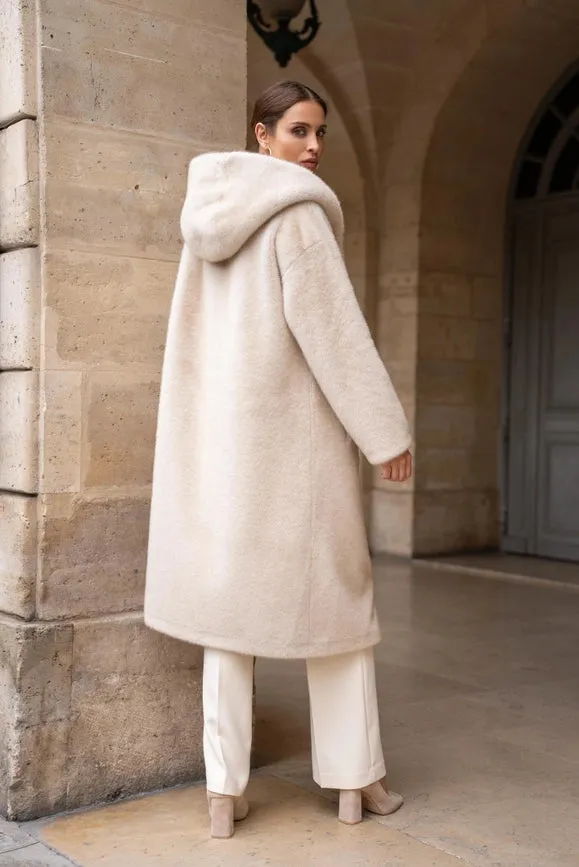 Long Hooded Synthetic Fur Coat Beige
