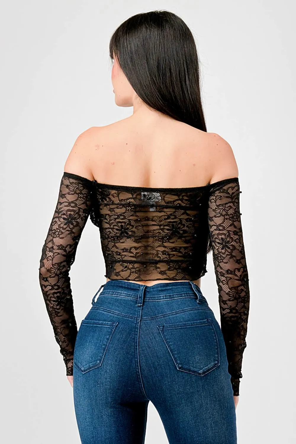 LUXE LACE PEARL RUCHED OFF SHOULDER CROPPED TOP