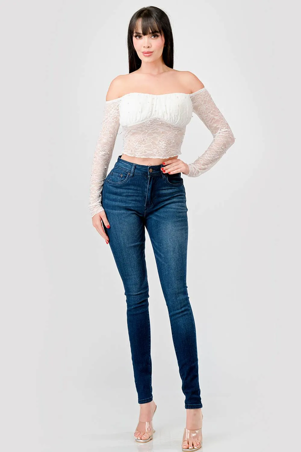 LUXE LACE PEARL RUCHED OFF SHOULDER CROPPED TOP