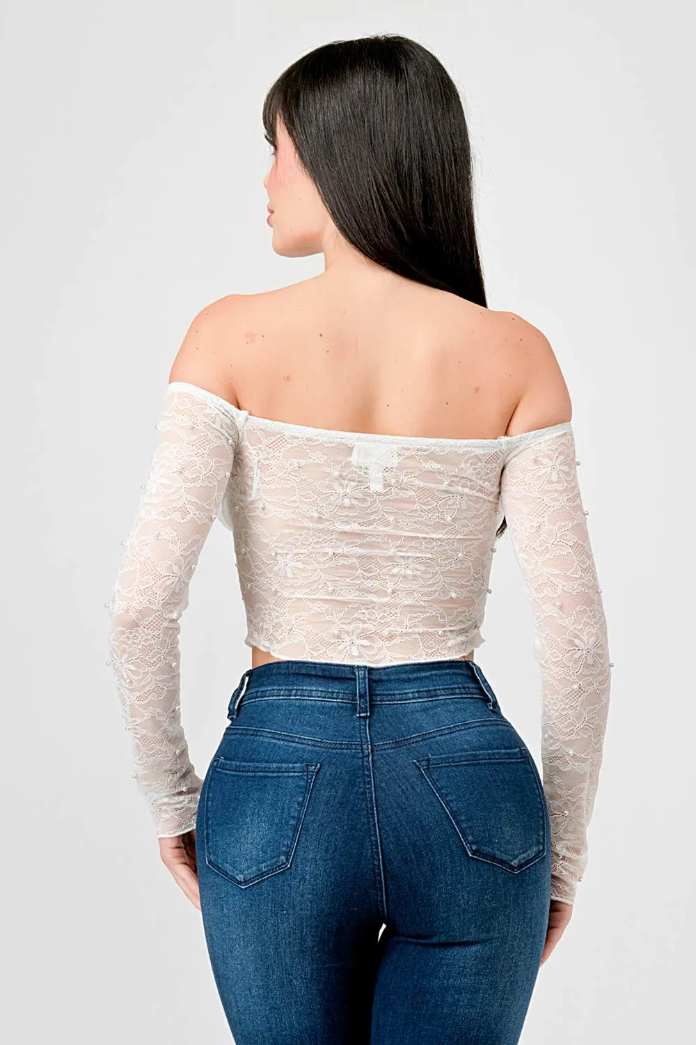LUXE LACE PEARL RUCHED OFF SHOULDER CROPPED TOP