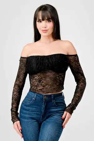 LUXE LACE PEARL RUCHED OFF SHOULDER CROPPED TOP