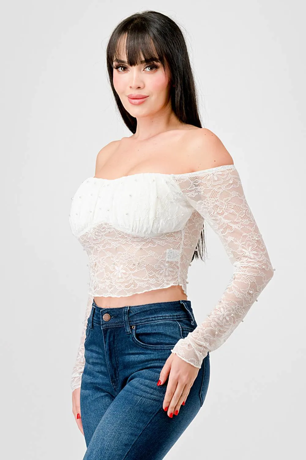 LUXE LACE PEARL RUCHED OFF SHOULDER CROPPED TOP